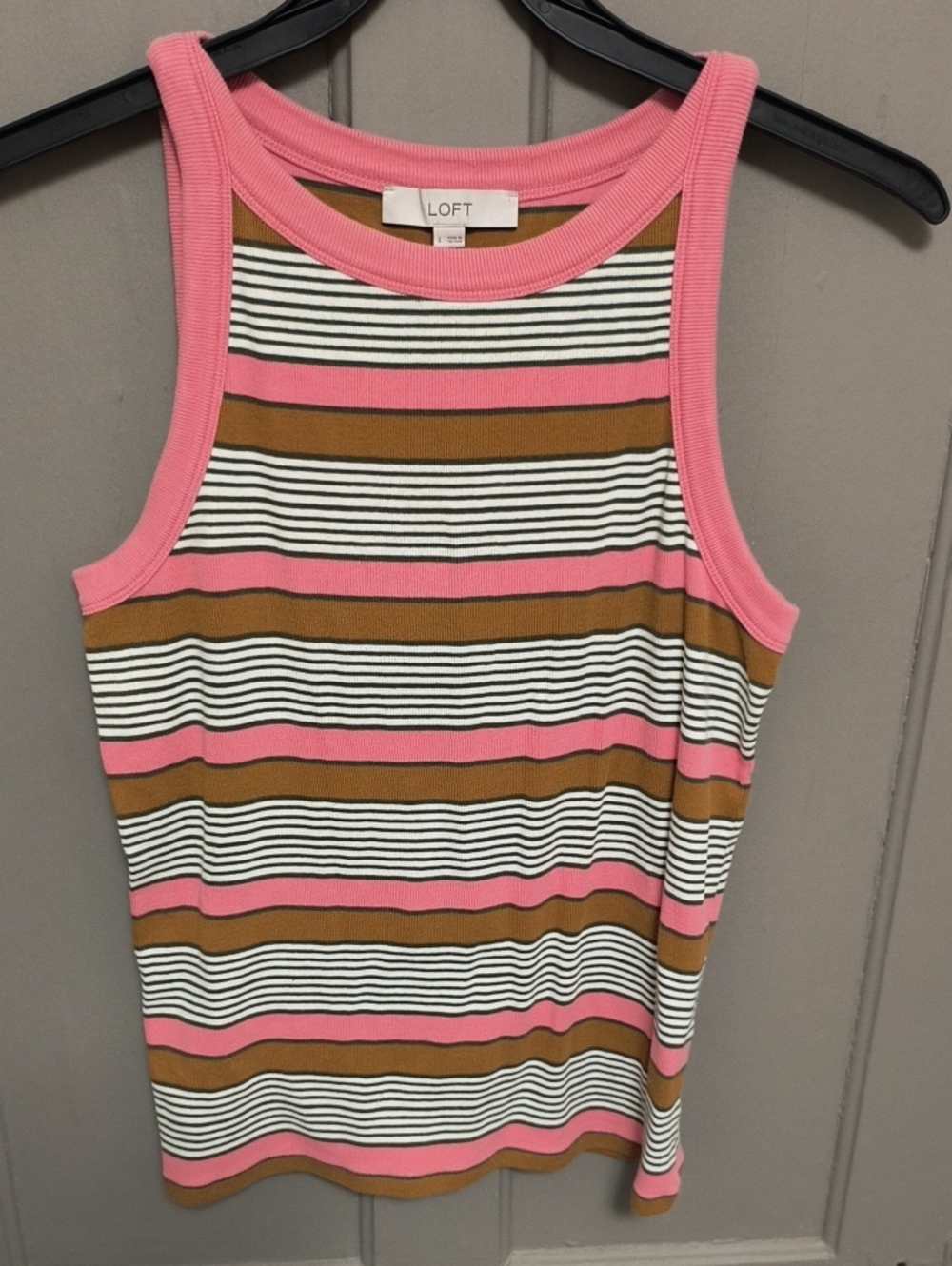 LOFT Pink, Brown & White Striped Ribbed Tank
